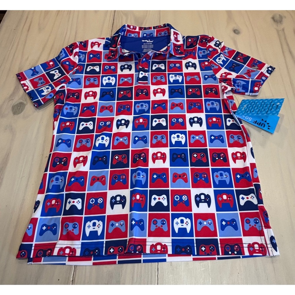 Birdie Bound Boys XL 14/16 Gaming‎ Polo Shirt Red White Blue Video Game UPF 50+